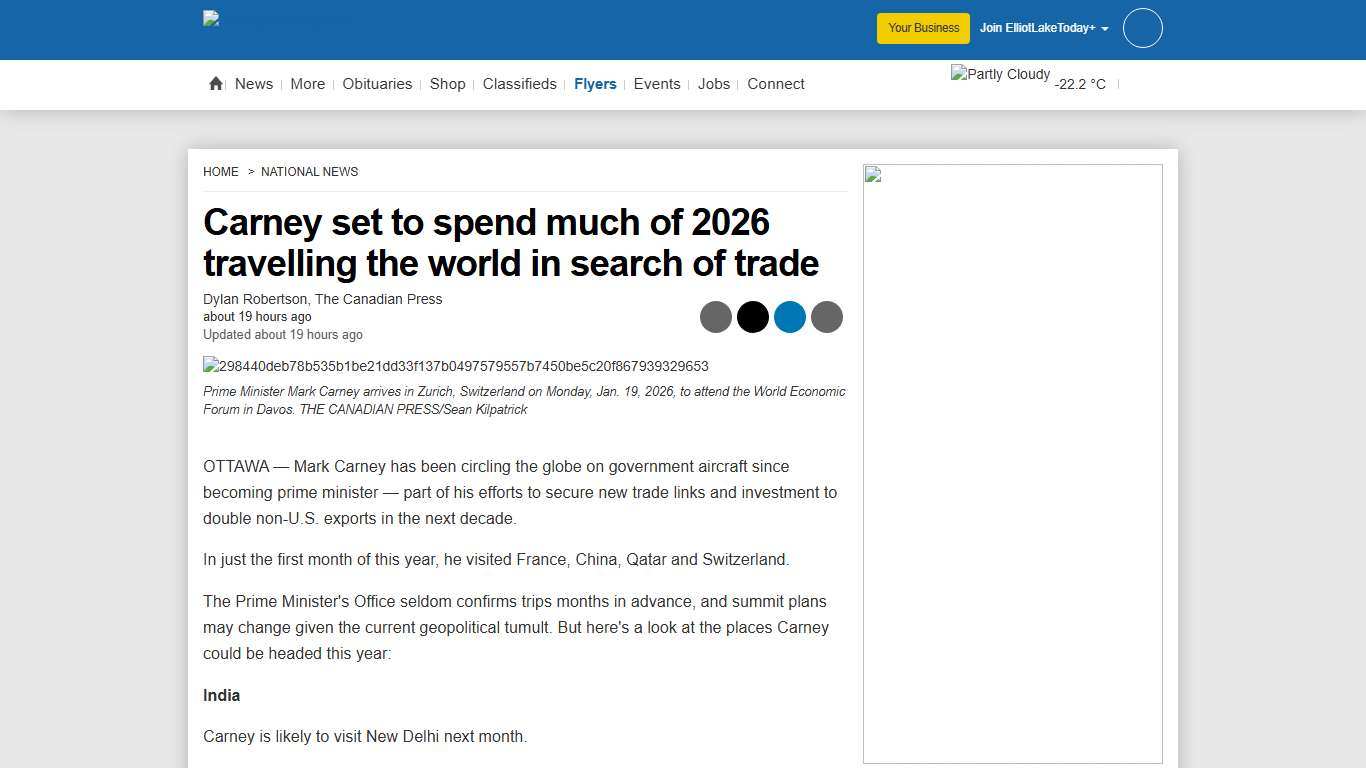 Carney set to spend much of 2026 travelling the world in search of trade - Elliot Lake News